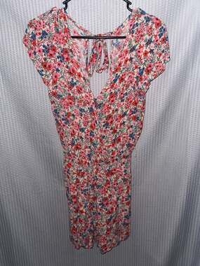 American Eagle Floral V-Neck Backless Romper with Tie Detail